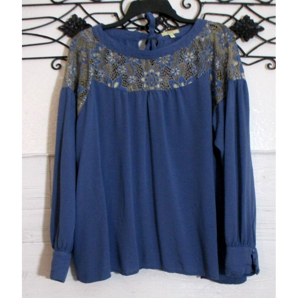 Kori America Women's Boho Top Size L Long Sleeve Blue Round Neck
